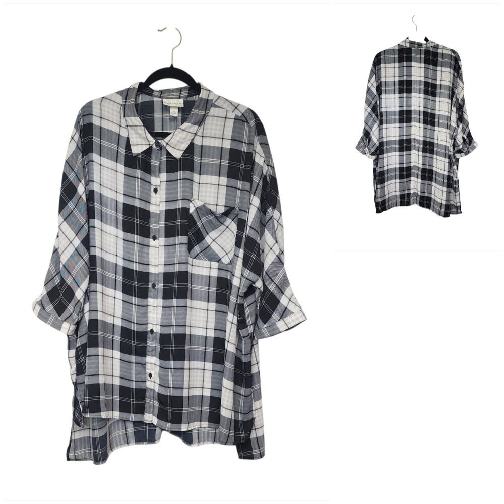 Ava & Viv Women's Plaid Black/White 3/4 Sleeve Button Down Shirt Blouse Size 3X